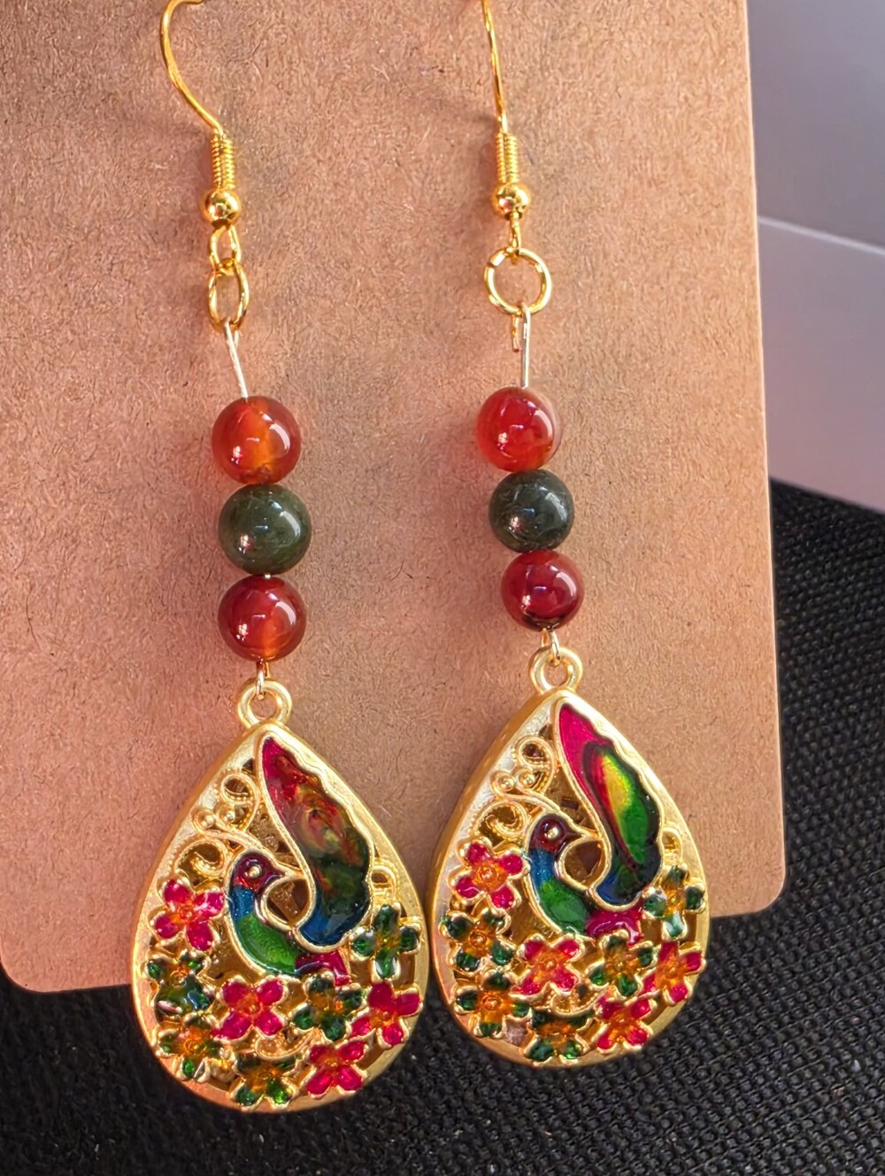 Gold-Tone Teardrop Bird Earrings with Red & Green Enamel